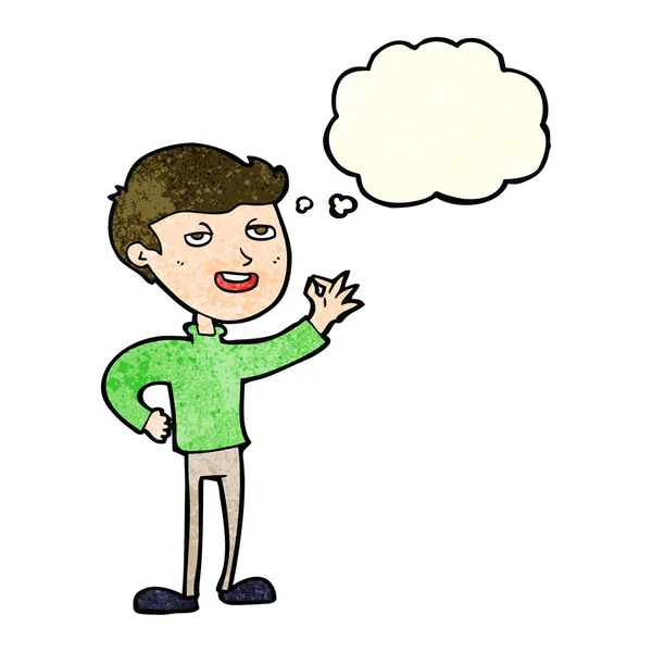 Uomo cartone animato facendo gesto eccellente con bolla di pensiero — Vettoriale Stock