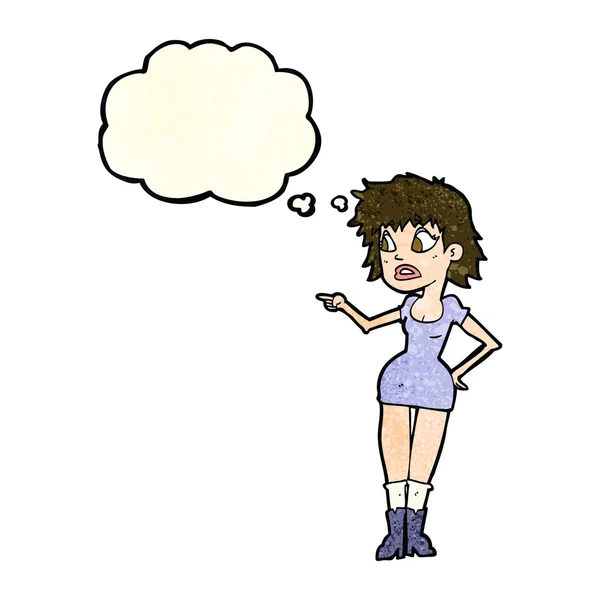 Dibujos animados mujer preocupada en vestido apuntando con burbuja de pensamiento — Archivo Imágenes Vectoriales