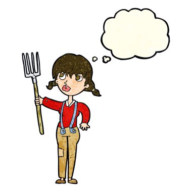 Düşünce baloncuklu çiftçi kız.