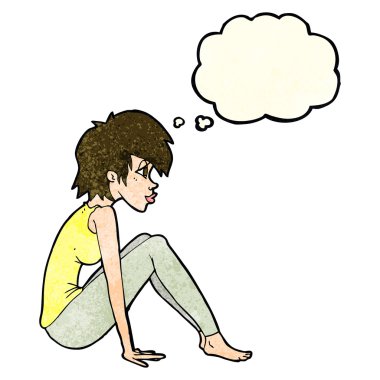 çizgi film kadın düşünce balonu ile oturuyordu