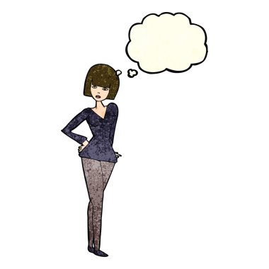 Düşünce baloncuğu olan güzel bir kadın.