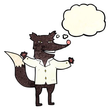 Düşünce baloncuklu tişört giyen mutlu kurt.