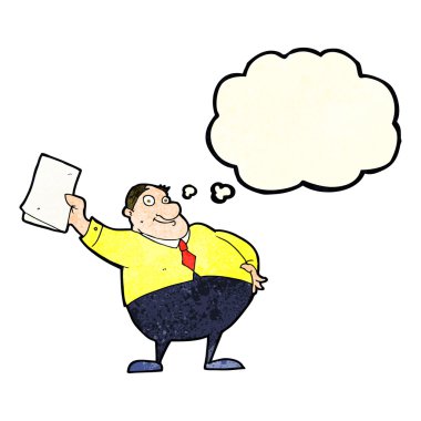 Çizgi film patronu düşünce balonuyla kağıtları sallıyor.