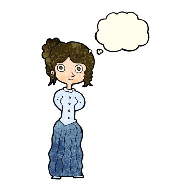 Düşünce baloncuğu olan mutlu çizgi film kadını