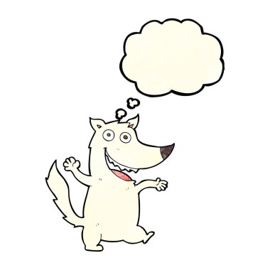 Düşünce baloncuğu olan mutlu bir kurt.