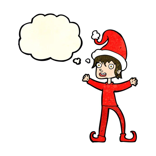Dessin animé excité elfe de Noël avec bulle de pensée — Image vectorielle