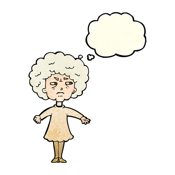 Cartoon bitter old woman with thought bubble — Stock Vector