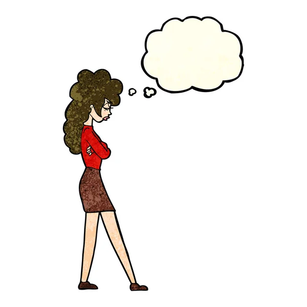 Dibujos animados mujer molesta con burbuja de pensamiento — Vector de stock