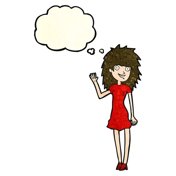 Cartone animato donna felice agitando con bolla di pensiero — Vettoriale Stock
