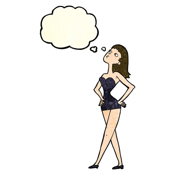Mujer de dibujos animados en vestido de fiesta con burbuja de pensamiento — Archivo Imágenes Vectoriales