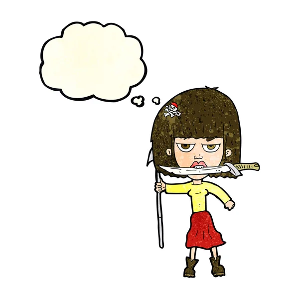 Cartoon Frau mit Messer und Harpune mit Gedankenblase — Stockvektor