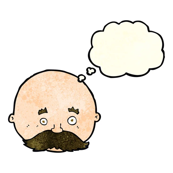 Hombre calvo de dibujos animados con bigote con burbuja de pensamiento — Vector de stock