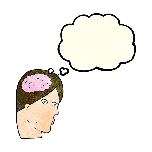 Cabeça de desenho animado com símbolo do cérebro com bolha de pensamento — Vetor de Stock