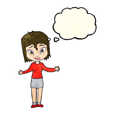 Çizgi filmdeki kadın düşünce balonuyla omuz silkiyor.