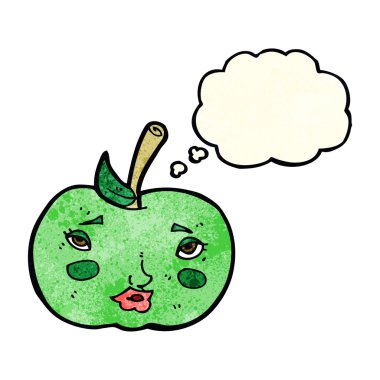 Yüzünde düşünce kabarcığı olan çizgi film elması.