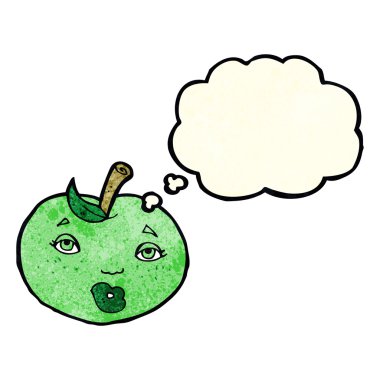 Yüzünde düşünce kabarcığı olan çizgi film elması.