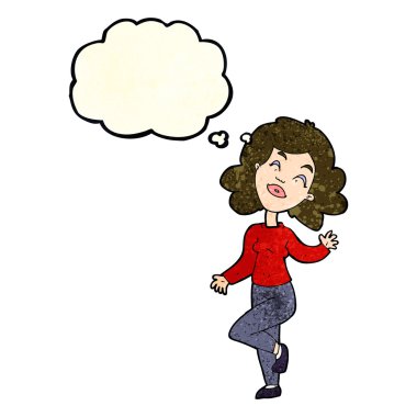Düşünce baloncuğuyla dans eden mutlu kadın çizgi filmi