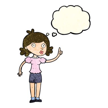 Düşünce baloncuğu olan çizgi film kadını.