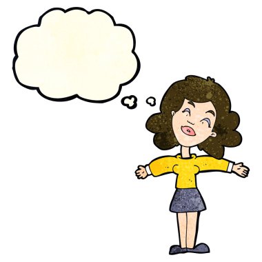 Düşünce baloncuğuyla kollarını açmış çizgi film kadını.