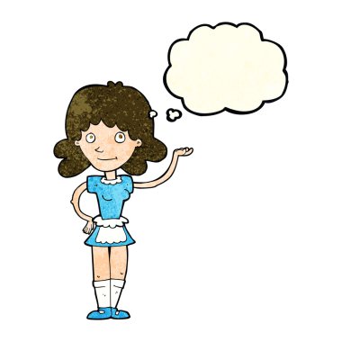 Düşünce kabarcığı olan çizgi film kızı.