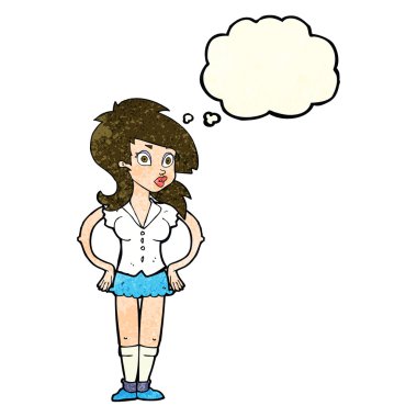 Düşünce baloncuğu olan güzel bir kadın.