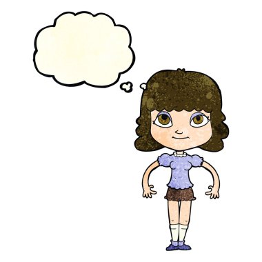 Düşünce kabarcığı olan çizgi film kızı.