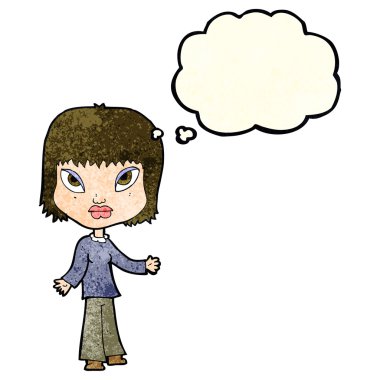 Düşünce baloncuğuyla kollarını açmış çizgi film kadını.