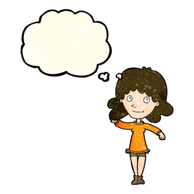 Çizgi film dostu kadın düşünce balonuyla el sallıyor.