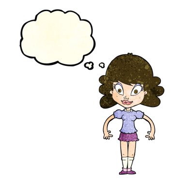 Düşünce baloncuğu olan güzel bir kadın.