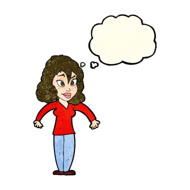 Çizgi filmdeki kadın düşünce balonuyla omuz silkiyor.