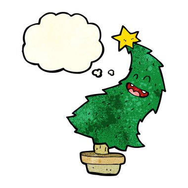 Düşünce baloncuğuyla Noel ağacı dansı yapan çizgi film.