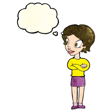 Düşünce baloncuğu olan güzel bir kadın.