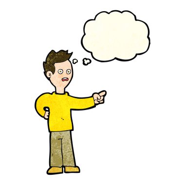 Şok olmuş çocuk düşünce balonunu işaret ediyor.