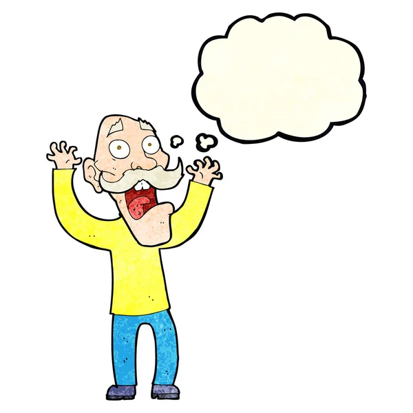 Kreslený starý muž dostává strach s myšlenkovou bublinou — Stockový vektor