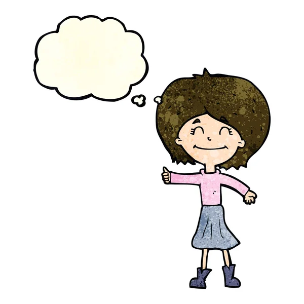 Cartoon glückliches Mädchen gibt Daumen nach oben Symbol mit Gedankenblase — Stockvektor