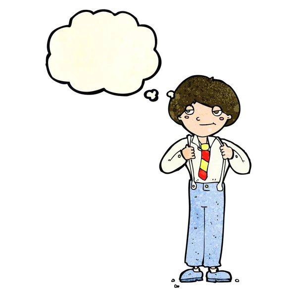 Uomo dei cartoni animati indossa bretelle con bolla di pensiero — Vettoriale Stock