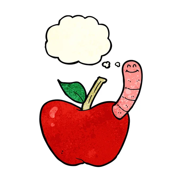 Cartoon-Apfel mit Wurm mit Gedankenblase — Stockvektor