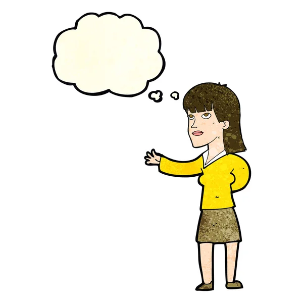 Mujer de dibujos animados explicando con burbuja de pensamiento — Vector de stock