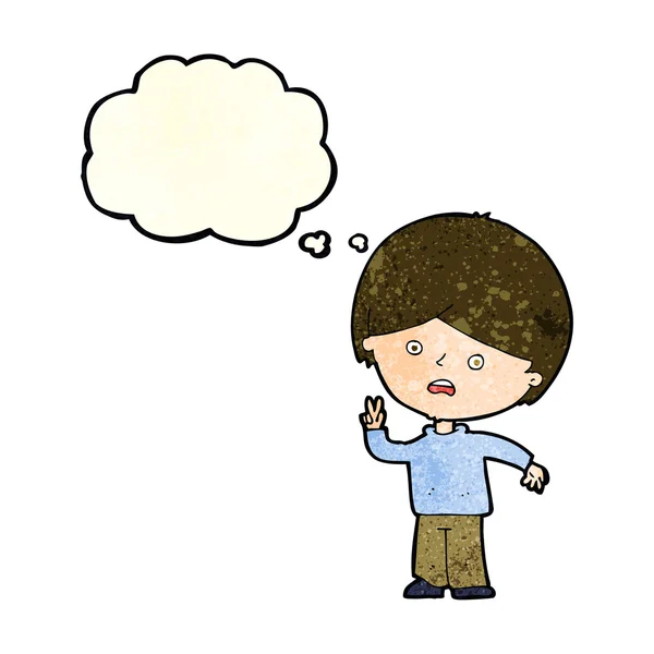 Dibujos animados infeliz niño dando señal de paz con burbuja de pensamiento — Vector de stock