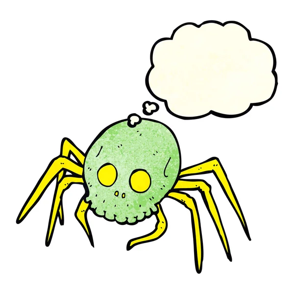 Tecknad spöklik halloween skalle spindel med tanke bubbla — Stock vektor