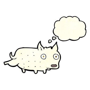 Düşünce baloncuğuyla bacağını sallayan küçük bir köpek.