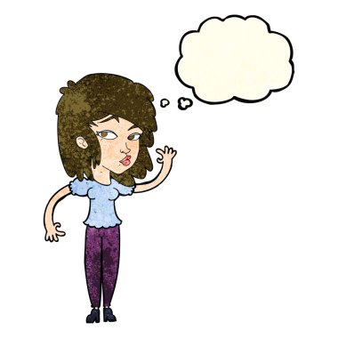 Düşünce baloncuğuyla el sallayan güzel kadın.