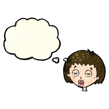 Düşünce baloncuğu olan sıkılmış kadın çizgi filmi