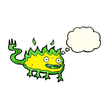 Düşünce baloncuğu olan küçük ateş şeytanı.