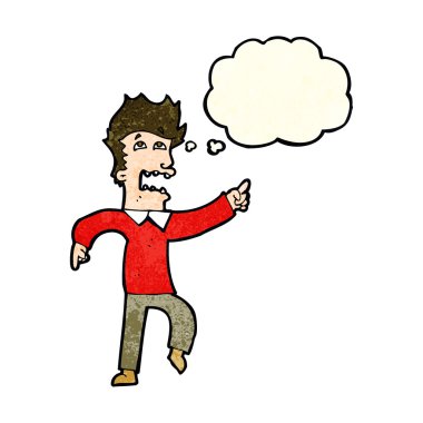 Çizgi filmdeki korkmuş adam düşünce balonunu işaret ediyor.