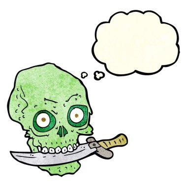 Düşünce baloncuklu dişlerinde bıçak olan korsan kafatası.