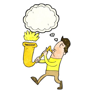 Düşünce baloncuğuyla saksafon çalan çizgi film adamı.