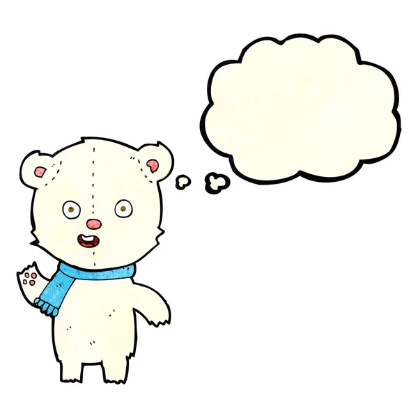 Desenho animado acenando filhote de urso polar com cachecol com bolha de pensamento —  Vetores de Stock