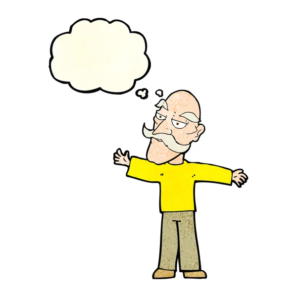 Cartoon old man spreading arms wide with thought bubble — Stock Vector