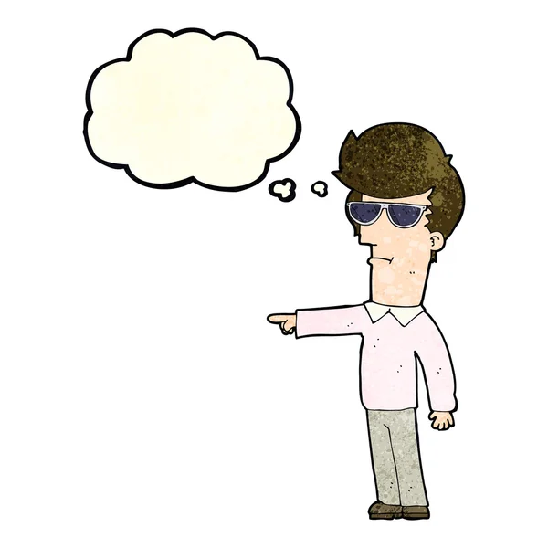 Karikaturist mit Brille zeigt mit Gedankenblase — Stockvektor